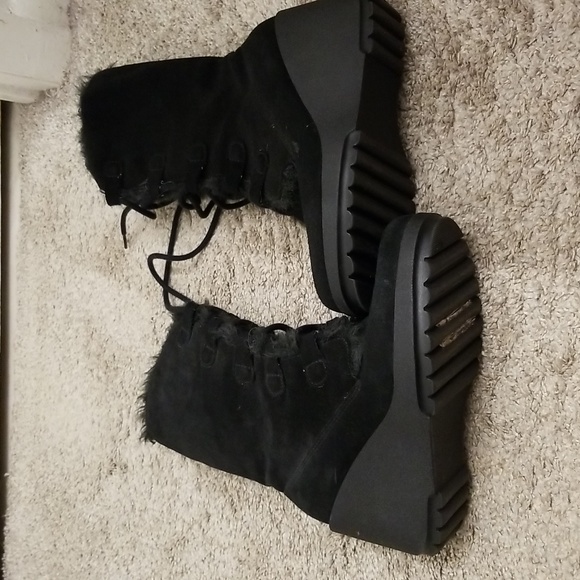 Black suede lined,lace up wedge boots - Picture 3 of 7